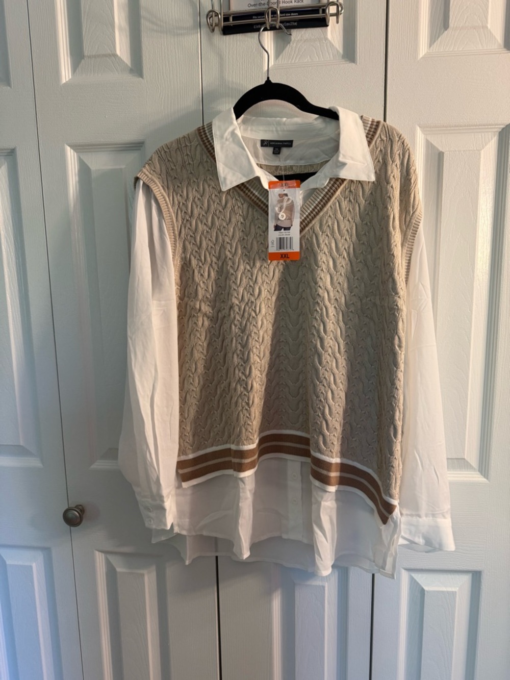 Adrianna Papell beige cable knit vest with white shirt detail